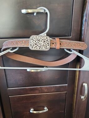 Ariat Women's Brown Tooled Leather Belt with Rhinestone Filigree Silver Buckle